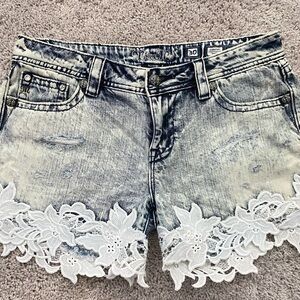 MISS ME Jeans Signature Shorts Women's 30 Mid-Rise Lace Distressed Vtg Blue